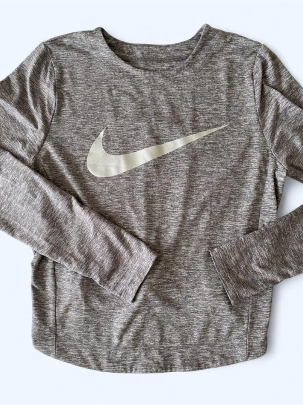 Nike Dri-Fit Long Sleeve Shirt Size S Gray Crewneck Silver Swoosh Workout Gym